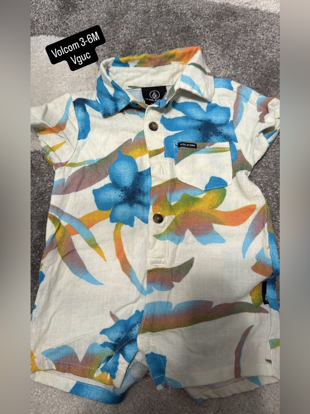 Volcom White Short-Sleeve Floral Button Romper with Blue & Multicolor Print